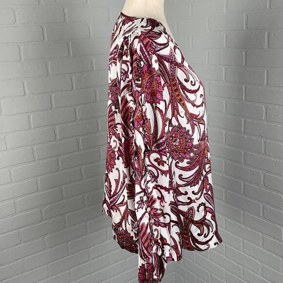 Liz Claiborne Blouse Women Large Pink Paisley Ruffle Sleeve Keyhole Career Party - Picture 6 of 13